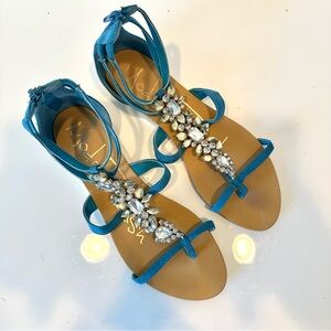 Modern Rush Blue Aqua Embellished Jeweled Strappy Flats Sandals, Size 8.5